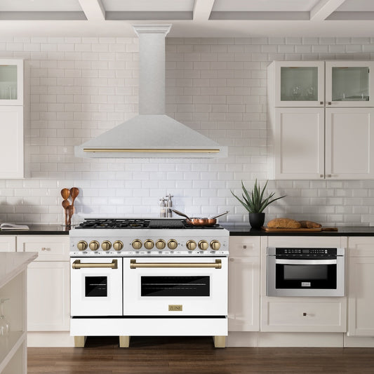 ZLINE Autograph Edition 48 in. Convertible Satin Stainless Steel Wall Mount Range Hood with Champagne Bronze Handle (KB4SNZ-48-CB) in a luxury kitchen.