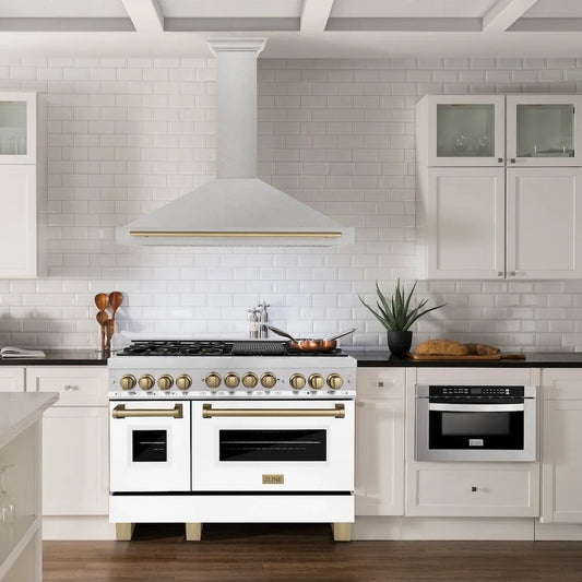 ZLINE Autograph Edition 48 in. Convertible Satin Stainless Steel Wall Mount Range Hood with Champagne Bronze Handle (KB4SNZ-48-CB) in a luxury kitchen.