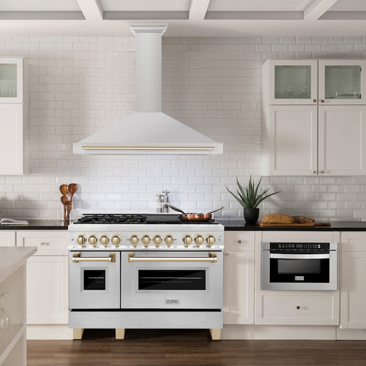 ZLINE Autograph Edition 48 in. Convertible Stainless Steel Range Hood with Stainless Steel Shell and Polished Gold Accents (KB4STZ-48-G) in a luxury kitchen.