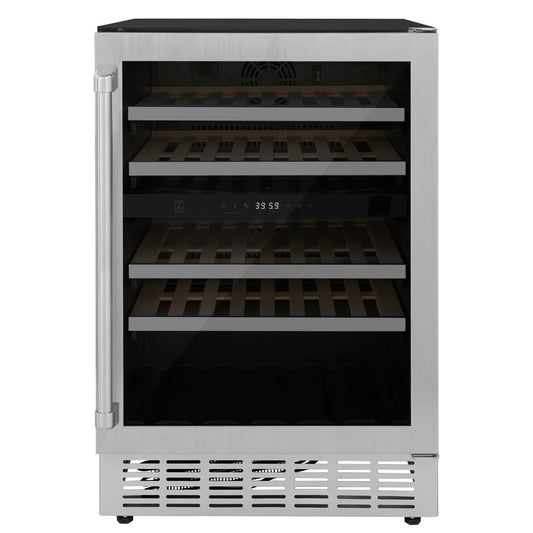 ZLINE 24 in. Monument Dual Zone 44-Bottle Wine Cooler in Stainless Steel (RWV-UD-24) front, closed.