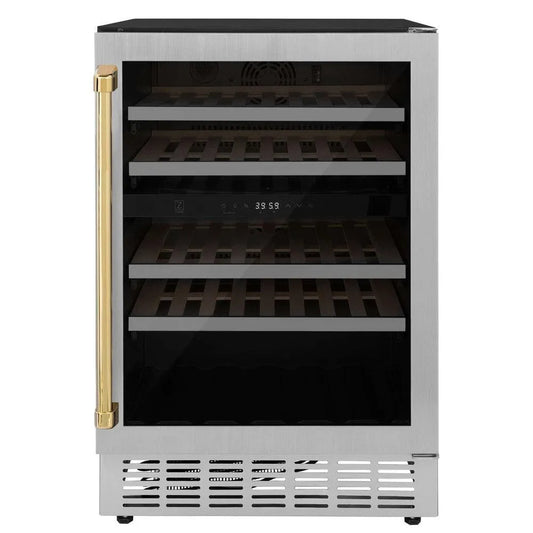 ZLINE Autograph Edition 24 in. Monument Dual Zone 44-Bottle Wine Cooler in Stainless Steel with Polished Gold Accents (RWVZ-UD-24-G) main image.