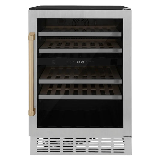 ZLINE Autograph Edition 24 in. Monument Dual Zone 44 Bottle Wine Cooler in Stainless Steel with Champagne Bronze Accents (RWVZ-UD-24-CB) main image.