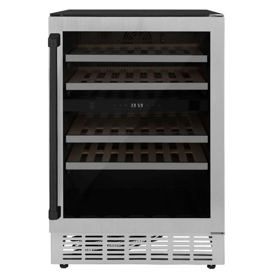 ZLINE Autograph Edition 24 in. Monument Dual Zone 44-Bottle Wine Cooler in Stainless Steel with Matte Black Accents (RWVZ-UD-24-MB) main image.