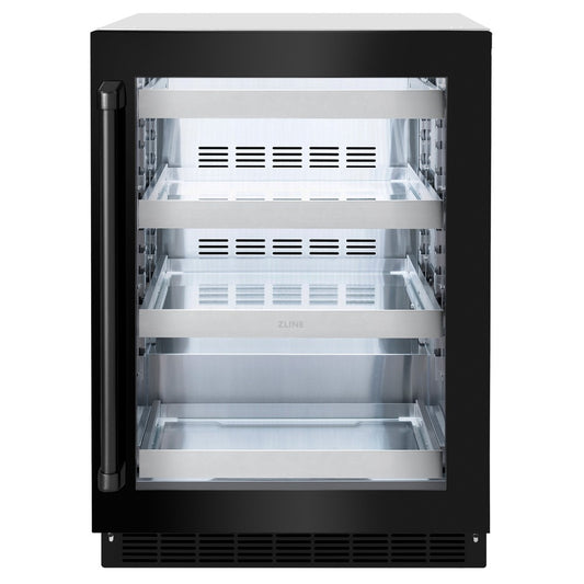 ZLINE 24 in. Touchstone 151 Can Beverage Fridge With Black Stainless Steel Glass Door (RBSO-BS-24) front, closed.