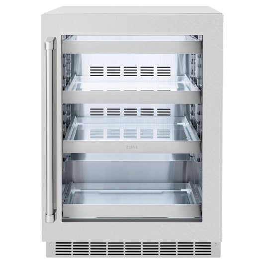 ZLINE 24 in. Touchstone 151 Can Beverage Fridge With Satin Stainless Steel Glass Door (RBSO-SN-24) front, closed.