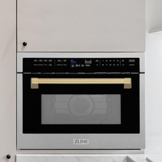 ZLINE Autograph Edition 24 in. 1.6 cu ft. Built-in Convection Microwave Oven in Satin Stainless Steel with Champagne Bronze Accents (MWOZ-24-SS-CB) in a luxury kitchen.