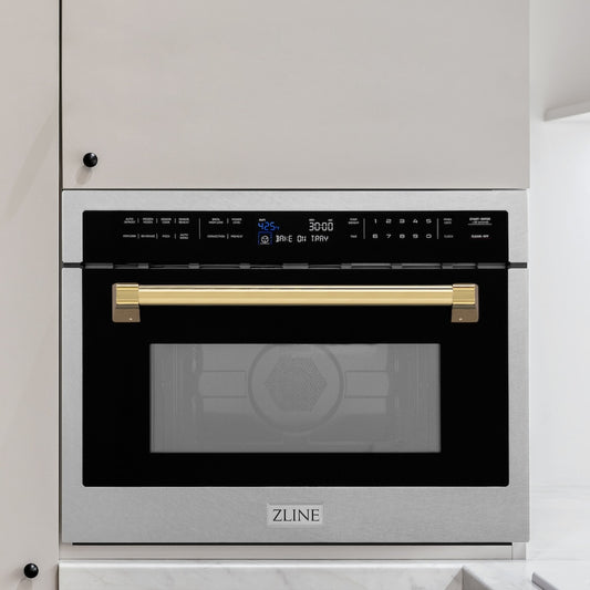 ZLINE Autograph Edition 24 in. 1.6 cu ft. Built-in Convection Microwave Oven in Satin Stainless Steel with Polished Gold Accents (MWOZ-24-SS-G) in a luxury kitchen.