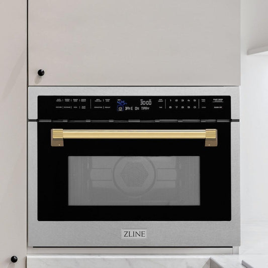 ZLINE Autograph Edition 24 in. 1.6 cu ft. Built-in Convection Microwave Oven in Satin Stainless Steel with Polished Gold Accents (MWOZ-24-SS-G) in a luxury kitchen.