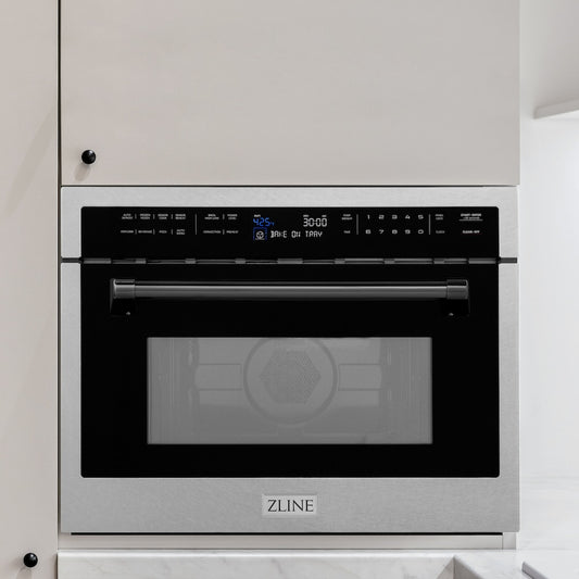 ZLINE Autograph Edition 24 in. 1.6 cu ft. Built-in Convection Microwave Oven in Satin Stainless Steel with Matte Black Accents (MWOZ-24-SS-MB) in a luxury kitchen.