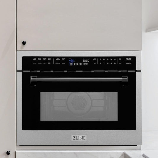 ZLINE Autograph Edition 24 in. 1.6 cu ft. Built-in Convection Microwave Oven in Satin Stainless Steel with Matte Black Accents (MWOZ-24-SS-MB) in a luxury kitchen.