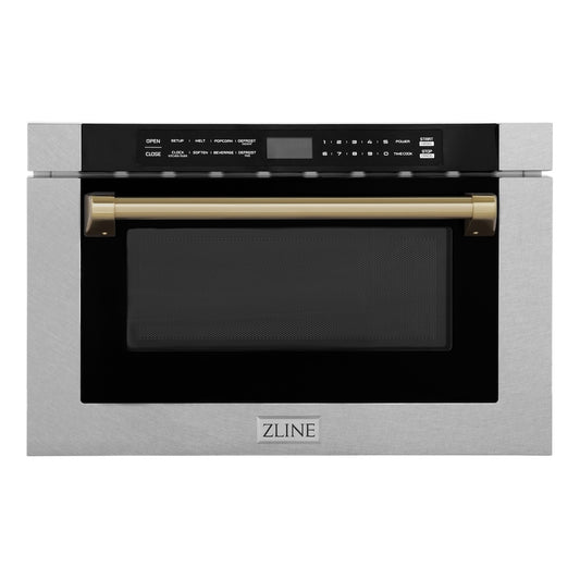 ZLINE Autograph Edition 24 in. 1.2 cu. ft. Built-in Microwave Drawer with a Traditional Handle in Satin Stainless Steel and Champagne Bronze Accents (MWDZ-1-SS-H-CB)