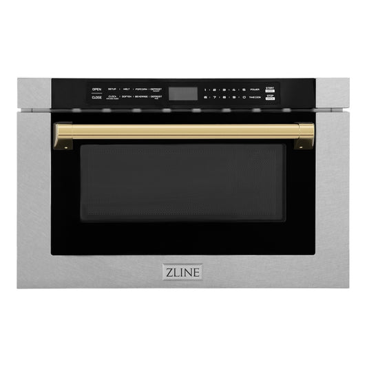 ZLINE Autograph Edition 24 in. 1.2 cu. ft. Built-in Microwave Drawer with a Traditional Handle in Satin Stainless Steel and Polished Gold Accents (MWDZ-1-SS-H-G)