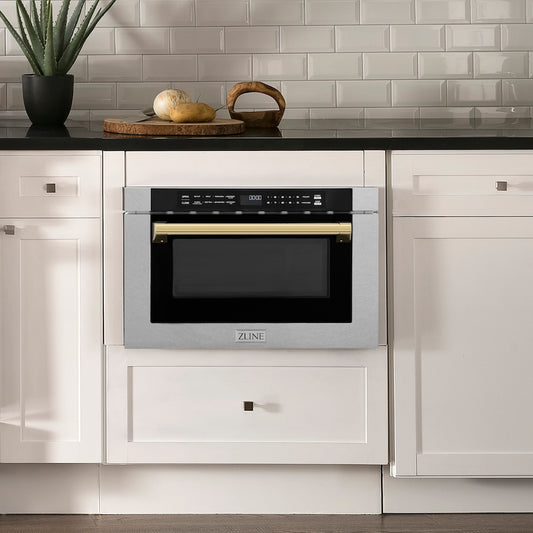 ZLINE Autograph Edition 24 in. 1.2 cu. ft. Built-in Microwave Drawer with a Traditional Handle in Satin Stainless Steel and Polished Gold Accents (MWDZ-1-SS-H-G) in a luxury kitchen.