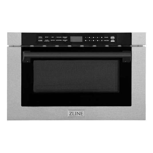 ZLINE Autograph Edition 24 in. 1.2 cu. ft. Built-in Microwave Drawer with a Traditional Handle in Satin Stainless Steel and Matte Black Accents (MWDZ-1-SS-H-MB) main image.