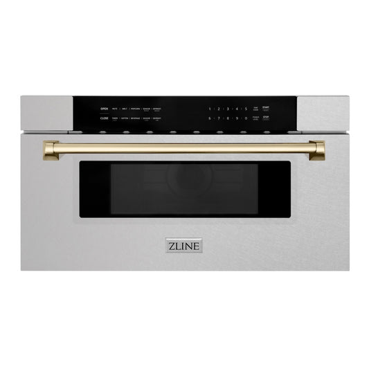 ZLINE Autograph Edition 30 in. 1.2 cu. ft. Built-In Microwave Drawer in Satin Stainless Steel with Polished Gold Accents (MWDZ-30-SS-G)