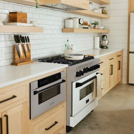 ZLINE Autograph Edition 30 in. 1.2 cu. ft. Built-In Microwave Drawer in Satin Stainless Steel with Matte Black Accents (MWDZ-30-SS-MB) in a luxury kitchen.