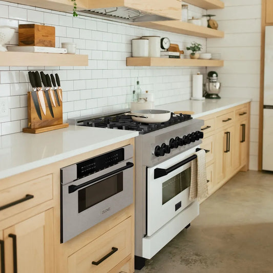 ZLINE Autograph Edition 30 in. 1.2 cu. ft. Built-In Microwave Drawer in Satin Stainless Steel with Matte Black Accents (MWDZ-30-SS-MB) in a luxury kitchen.