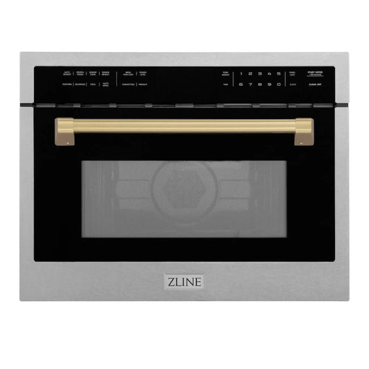 ZLINE Autograph Edition 24 in. 1.6 cu ft. Built-in Convection Microwave Oven in Satin Stainless Steel with Champagne Bronze Accents (MWOZ-24-SS-CB) main image.