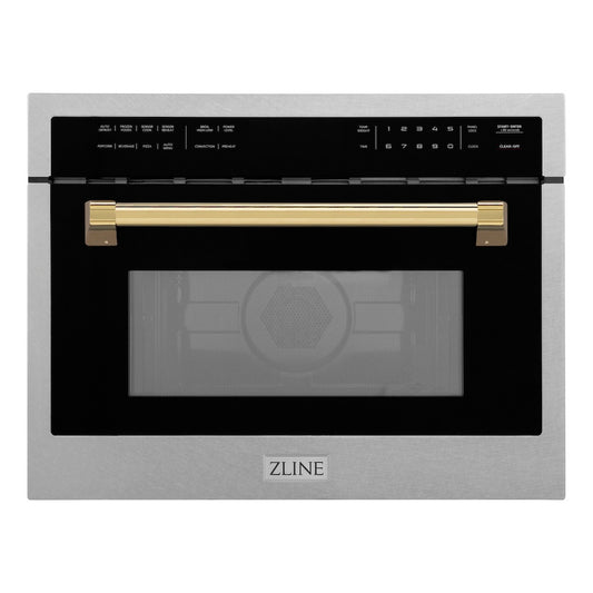 ZLINE Autograph Edition 24 in. 1.6 cu ft. Built-in Convection Microwave Oven in Satin Stainless Steel with Polished Gold Accents (MWOZ-24-SS-G) front.