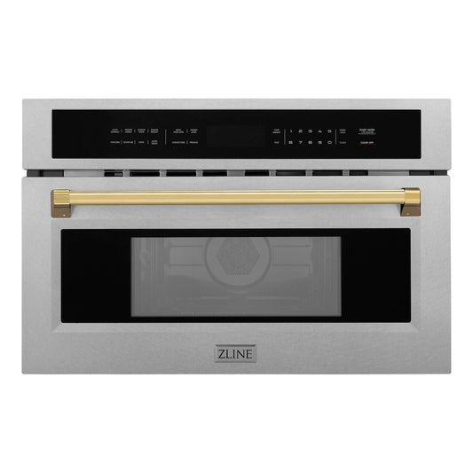 ZLINE Autograph Edition 30 in. 1.6 cu ft. Built-in Convection Microwave Oven in Satin Stainless Steel and Polished Gold Accents (MWOZ-30-SS-G) front.