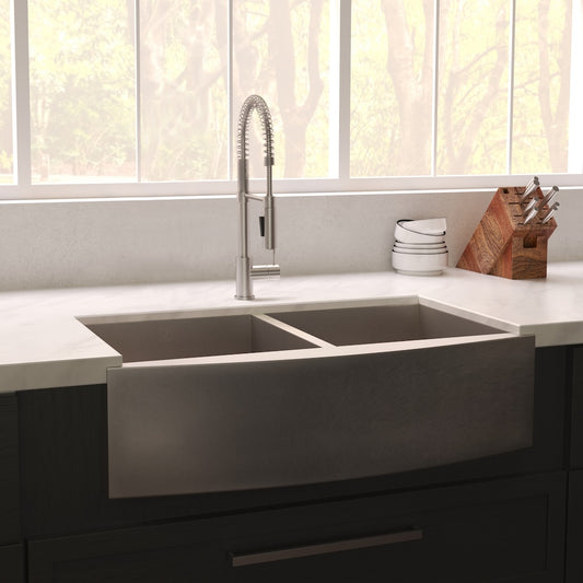 ZLINE 36 in. Niseko Farmhouse Apron Mount Double Bowl Satin Stainless Steel Kitchen Sink with Bottom Grid (SA50D-36S) in a luxury kitchen.