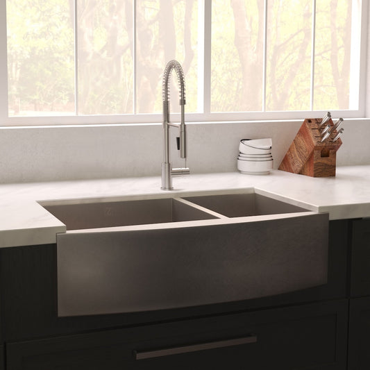 ZLINE 36 in. Courchevel Farmhouse Apron Mount Double Bowl Satin Stainless Steel Kitchen Sink with Bottom Grid (SA60D-36S) in a luxury kitchen.
