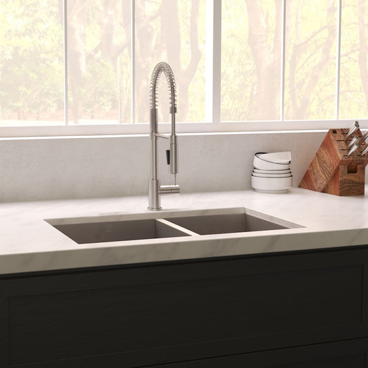 ZLINE 33 in. Chamonix Undermount Double Bowl Satin Stainless Steel Kitchen Sink with Bottom Grid (SR60D-33S) in a luxury kitchen.