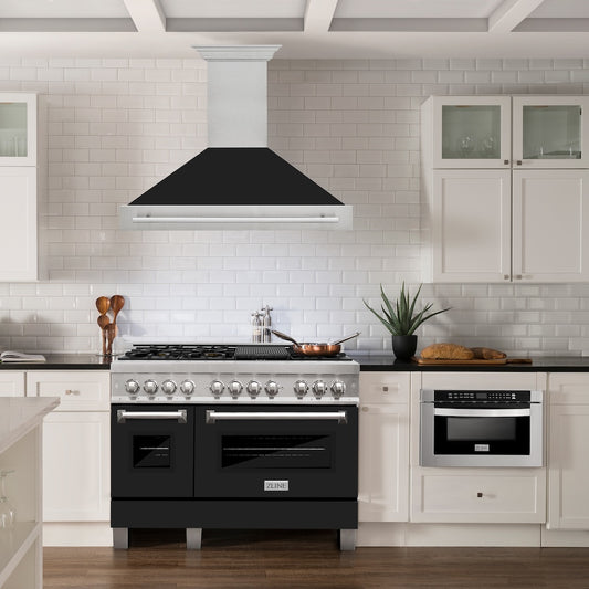 ZLINE 48 in. Satin Stainless Steel Wall Mount Range Hood with Black Matte Shell and Stainless Steel Handle (8654SNX-BLM-48) in a luxury kitchen.