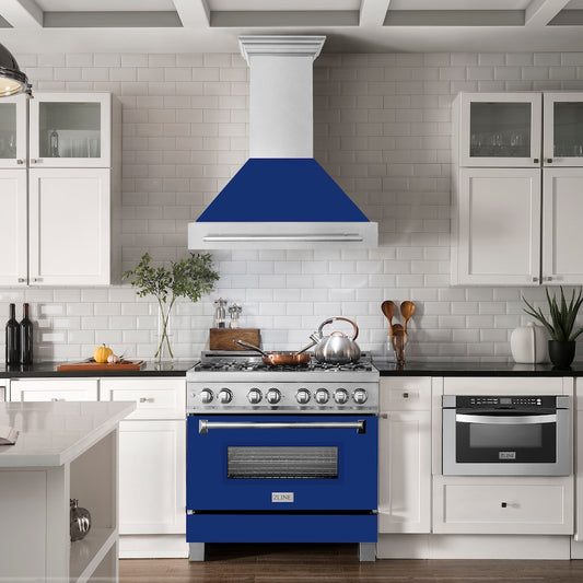 ZLINE 36 in. Satin Stainless Steel Wall Mount Range Hood with Blue Gloss Shell and Stainless Steel Handle (8654SNX-BG36) in a luxury kitchen.