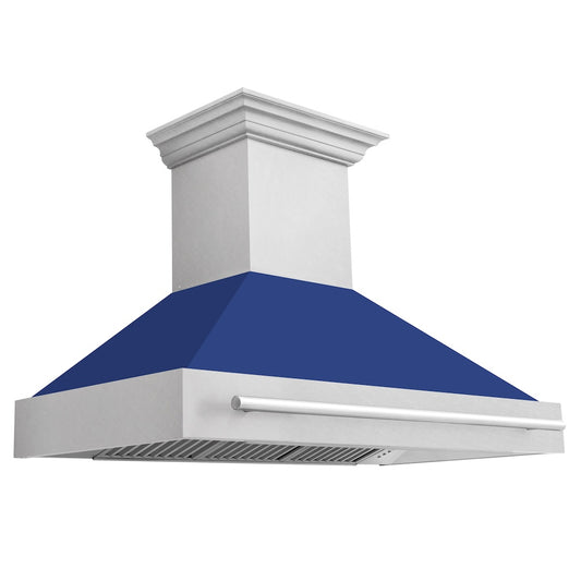 ZLINE 48 in. Satin Stainless Steel Wall Mount Range Hood with Blue Matte Shell and Stainless Steel Handle (8654SNX-BM-48)