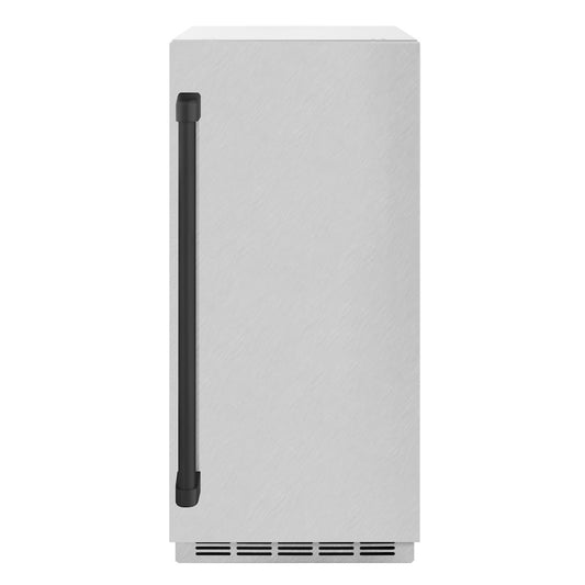 ZLINE Autograph Edition 15 in. Touchstone Clear Cube Ice Maker with Drain Pump and Satin Stainless Steel Door with Matte Black Handle (ICCDZ-SN-15-MB) front.