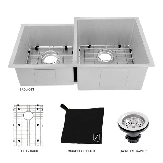 ZLINE 32 in. Jackson Undermount Double Bowl Satin Stainless Steel Kitchen Sink with Bottom Grid (SRDL-32S) with included accessories.
