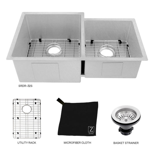 ZLINE 32 in. Jackson Undermount Double Bowl Satin Stainless Steel Kitchen Sink with Bottom Grid (SRDR-32S) with included accessories.