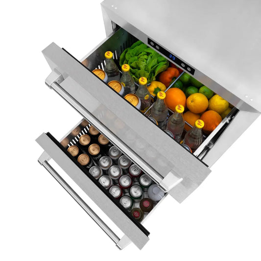 Open ZLINE 24 in. Touchstone 168 Can Outdoor-Rated Dual Refrigerator Drawer with Satin Stainless Steel Doors (RDSO-SN-24) with drinks and fruits on a white background