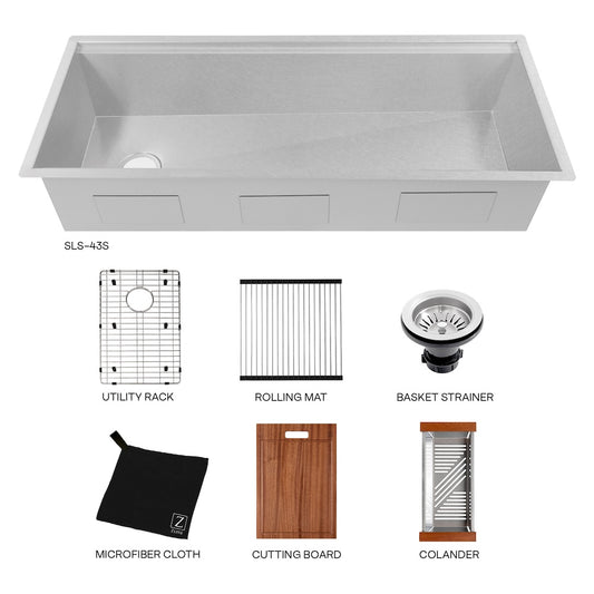 ZLINE 43 in. Garmisch Undermount Single Bowl Satin Stainless Steel Kitchen Sink with Bottom Grid and Accessories (SLS-43S) with included accessories.