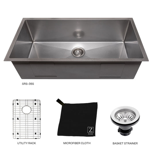 ZLINE 36 in. Meribel Undermount Single Bowl Satin Stainless Steel Kitchen Sink with Bottom Grid (SRS-36S) with included accessories.
