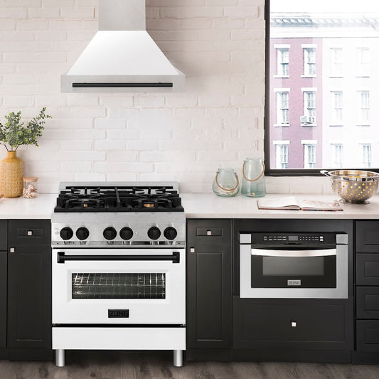 ZLINE Autograph Edition 30 in. Satin Stainless Steel Wall Mount Range Hood with White Matte Shell and Matte Black Handle (8654SNZ-WM30-MB) in a luxury kitchen.