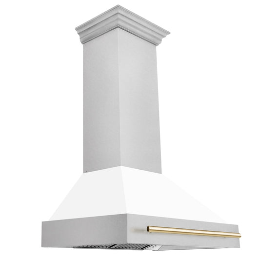 ZLINE Autograph Edition 36 in. Satin Stainless Steel Wall Mount Range Hood with White Matte Shell and Polished Gold Handle (8654SNZ-WM36-G)