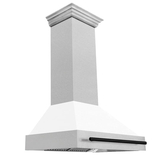 ZLINE Autograph Edition 36 in. Satin Stainless Steel Wall Mount Range Hood with White Matte Shell and Matte Black Handle (8654SNZ-WM36-MB)