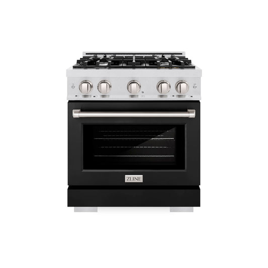 ZLINE 30 in. 4.2 cu. ft. Select Gas Range with 4 Burner Cooktop and Convection Gas Oven in Satin Stainless Steel with Black Matte Door (HGRS-BLM-30) front.
