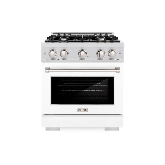 ZLINE 30 in. 4.2 cu. ft. Select Gas Range with 4 Burner Cooktop and Convection Gas Oven in Satin Stainless Steel with White Matte Door (HGRS-WM-30) front.