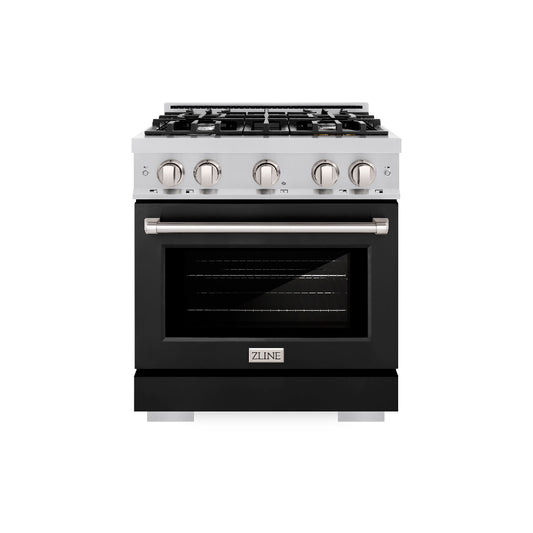 ZLINE 30 in. 4.2 cu. ft. Select Gas Range with 4 Burner Cooktop and Convection Gas Oven in Stainless Steel with Black Matte Door (HGR-BLM-30) front.