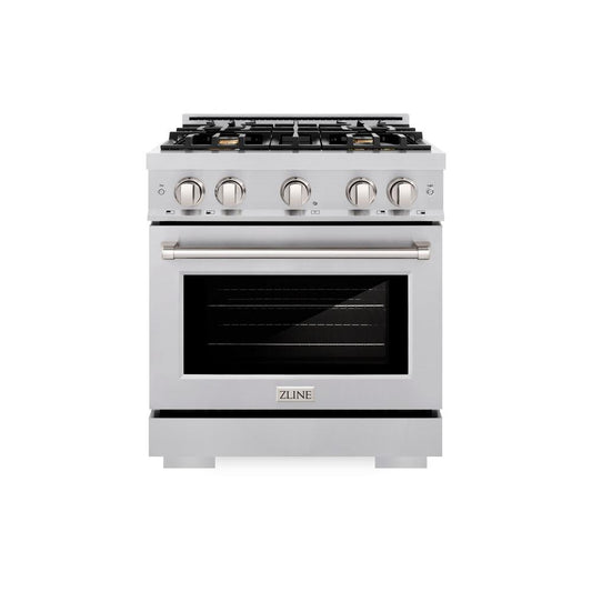 ZLINE 30 in. 4.2 cu. ft. Select Gas Range with Convection Gas Oven in Stainless Steel with 4 Brass Burners (HGR-BR-30) front, oven closed.