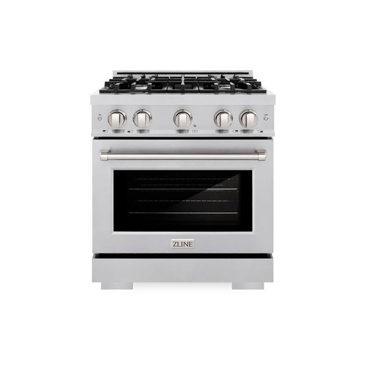 ZLINE 30 in. 4.2 cu. ft. Select Gas Range with 4 Burner Cooktop and Convection Gas Oven in Stainless Steel (HGR30) front, oven closed.