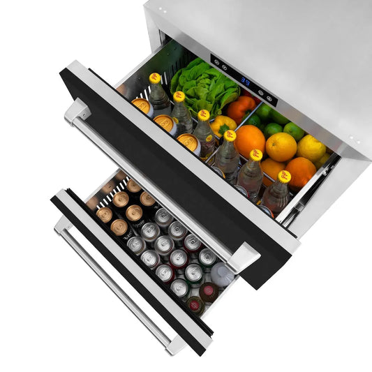 ZLINE 24 in. Touchstone 168 Can Outdoor-Rated Dual Refrigerator Drawer with Black Matte Doors (RDSO-BLM-24) open with drinks and fruits on a white background