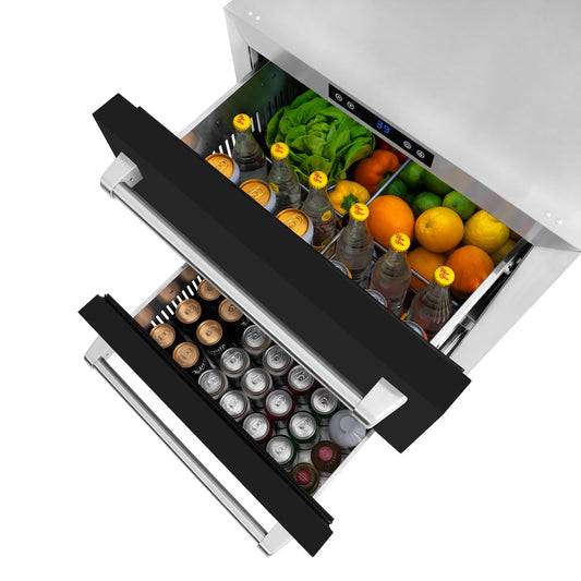 ZLINE 24 in. Touchstone 168 Can Outdoor-Rated Dual Refrigerator Drawer with Black Matte Doors (RDSO-BLM-24) close-up detail, produce and beverages in top drawer, and beverages in bottom drawer.