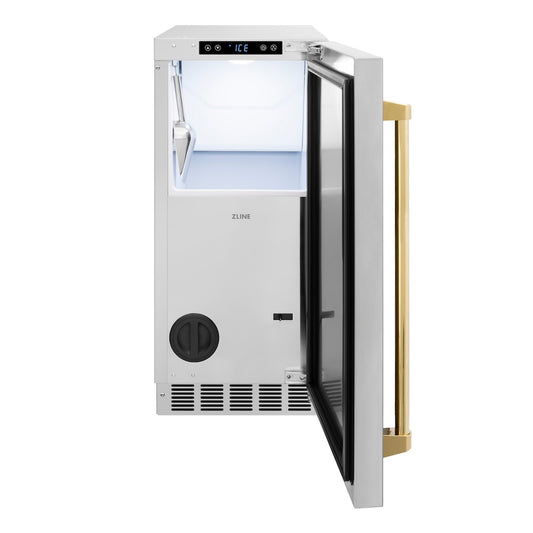 ZLINE Autograph Edition 15 in. Touchstone Clear Cube Ice Maker with Drain Pump and Solid Stainless Steel Door with Polished Gold Handle (ICCDZ-ST-15-G) front, open.