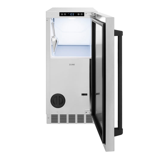 ZLINE Autograph Edition 15 in. Touchstone Clear Cube Ice Maker with Drain Pump and Solid Stainless Steel Door with Matte Black Handle (ICCDZ-ST-15-MB) front, open.