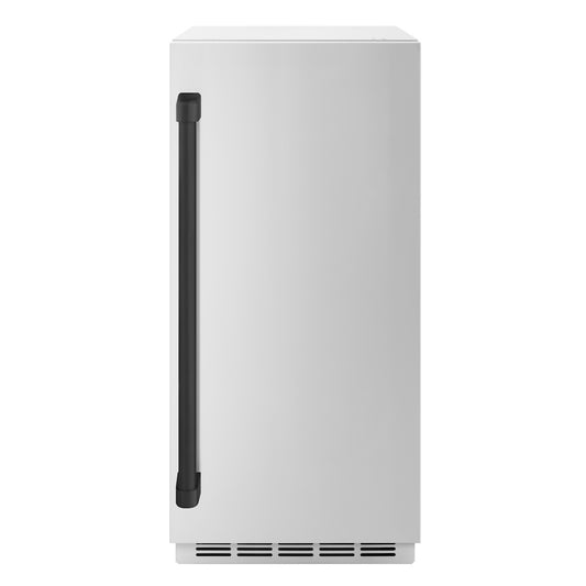 ZLINE Autograph Edition 15 in. Touchstone Clear Cube Ice Maker with Drain Pump and Solid Stainless Steel Door with Matte Black Handle (ICCDZ-ST-15-MB) front, closed.