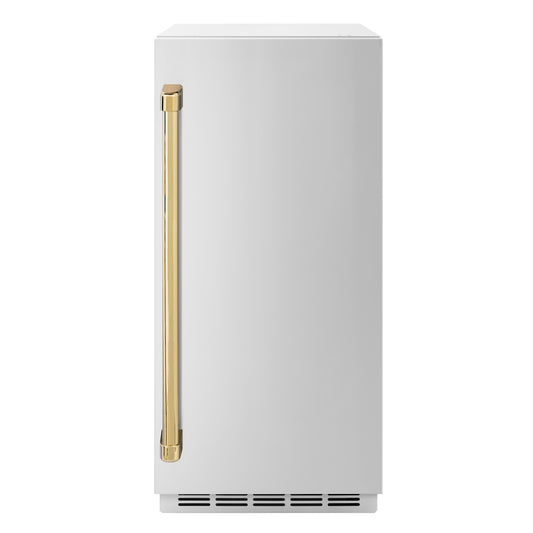 ZLINE Autograph Edition 15 in. Touchstone Gourmet Ice Maker with Drain Pump and Solid Stainless Steel Door with Polished Gold Handle (IGMDZ-ST-15-G) front, closed.